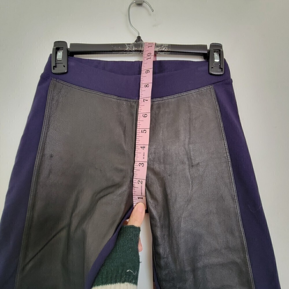Sandro Velvet Blue Black Cuir Vachette Leather Panel Long Legging Pants Size 0 - Picture 8 of 13